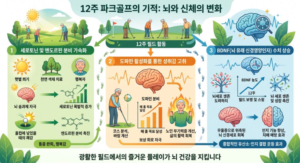12주간의 파크골프 활동이 뇌 건강에 미치는 긍정적 변화를 담은 인포그래픽. 세로토닌·엔도르핀 분비 증가를 통한 행복감, 도파민 활성화를 통한 무기력증 개선, BDNF 수치 상승을 통한 인지 기능 향상 및 치매 예방 효과를 시각적으로 설명