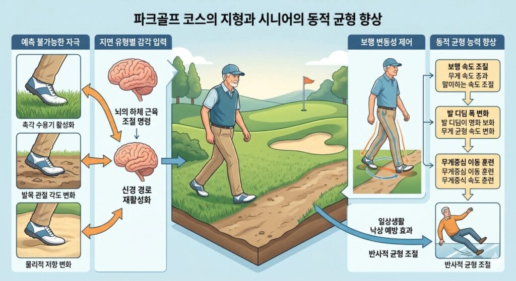 '파크골프 코스의 지형과 시니어의 동적 균형 향상'을 설명하는 인포그래픽 이미지입니다.왼쪽에는 예측 불가능한 자극(천연 잔디, 흙길, 모래)에 따라 촉각 수용기 활성화, 발목 관절 각도 변화, 물리적 저항 변화가 일어나는 발 모양이 묘사되어 있습니다. 이 자극들이 뇌로 입력되어 하체 근육 조절 명령을 내리고 신경 경로를 재활성화하는 과정이 뇌 그림과 화살표로 연결되어 있습니다.중앙에는 한 시니어 남성이 잔디와 흙길이 섞인 파크골프 코스를 걷고 있는 모습이 그려져 있습니다.오른쪽에는 불규칙한 지형을 걸을 때 '보행 변동성 제어'가 일어나는 보행 자세가 나와 있으며, 이로 인해 보행 속도 조절, 발 디딤 폭 변화, 무게중심 이동 훈련이 단계별로 이루어지는 순서도가 나와 있습니다.최종적으로 일상생활에서 미끄러질 때 반사적으로 균형을 잡아 낙상을 예방하는 효과로 이어짐을 보여줍니다.