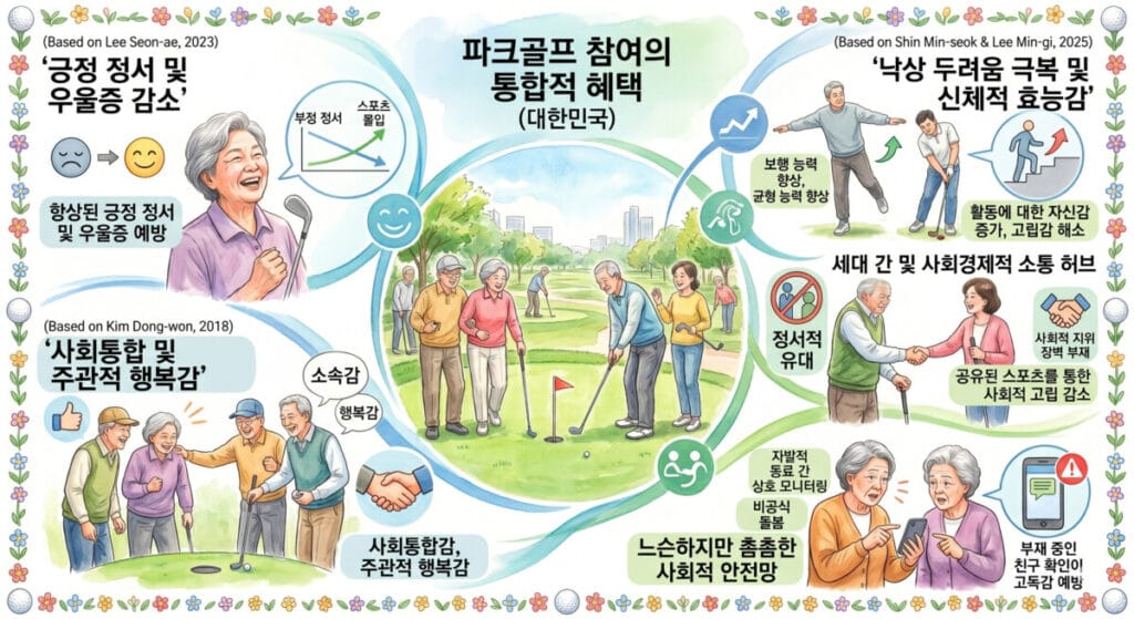 파크골프의 혜택을 다룬 따뜻한 수채화 풍의 한국어 인포그래픽 이미지입니다. 중앙에는 푸른 파크골프장에서 노인들이 밝게 웃으며 경기를 즐기는 모습이 그려져 있고, 이를 중심으로 5가지 주요 연구 결과와 효과가 사방으로 연결되어 있습니다.중앙 타이틀: "파크골프 참여의 통합적 혜택 (대한민국)"좌측 상단 (이선애, 2023): "긍정 정서 및 우울증 감소"라는 문구와 함께 환하게 웃는 할머니의 모습, 그리고 스포츠 몰입도가 높아질수록 부정 정서가 감소함을 나타내는 그래프가 그려져 있습니다.좌측 하단 (김동원, 2018): "사회통합 및 주관적 행복감"이라는 문구와 함께 골프장에서 동료들과 대화를 나누며 악수를 하고 소속감을 느끼는 노인들의 모습이 묘사되어 있습니다.우측 상단 (신민석 & 이민기, 2025): "낙상 두려움 극복 및 신체적 효능감"이라는 문구와 함께 한 발로 서서 균형을 잡거나 계단을 자신 있게 오르는 모습을 통해 보행 능력 향상을 시각화했습니다.우측 중간: "세대 간 및 사회경제적 소통 허브"라는 문구와 함께 서로 다른 배경의 사람들이 정서적 유대를 쌓으며 악수하는 모습을 보여줍니다.우측 하단: "느슨하지만 촘촘한 사회적 안전망"이라는 문구와 함께 두 할머니가 스마트폰을 보며 "부재중인 친구 확인이 고독감 예방"으로 이어진다는 자발적 상호 모니터링(비공식 돌봄)의 모습을 표현하고 있습니다.전체적으로 테두리는 은은한 꽃과 골프공 일러스트로 장식되어 있어 따뜻하고 긍정적인 분위기를 전달합니다.