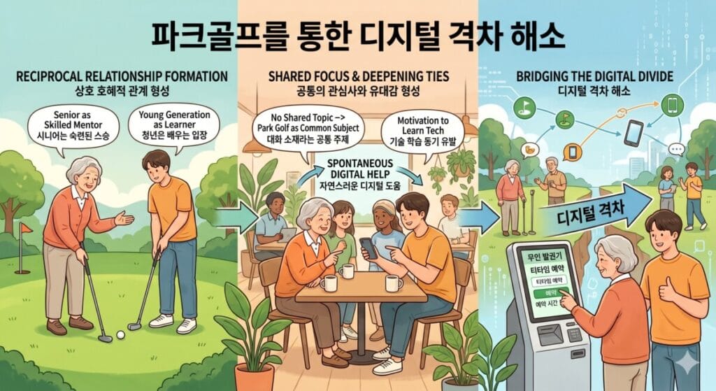 파크골프를 통해 시니어와 청년 세대가 교류하며 디지털 격차를 해소하는 과정을 담은 3단계 일러스트입니다. 1단계는 잔디 위에서 시니어가 청년에게 파크골프를 가르쳐주는 상호 호혜적 관계 형성, 2단계는 카페에서 공통의 관심사로 대화하며 청년이 자연스럽게 디지털 기기 조작을 돕는 모습, 3단계는 시니어가 무인 발권기(키오스크)로 티타임을 예약하며 디지털 격차를 극복하는 모습을 보여줍니다.