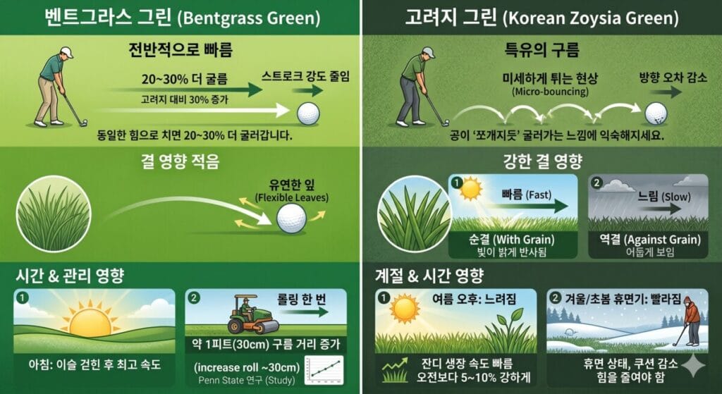 이 이미지는 '벤트그라스 그린(Bentgrass Green)'과 '고려지 그린(Korean Zoysia Green)'에서 골프 퍼팅을 할 때 유의해야 할 핵심 조정 포인트를 비교 설명하는 좌우 분할 구조의 인포그래픽입니다. 전체적인 배경은 녹색 톤이며, 깔끔한 일러스트와 텍스트, 다이어그램으로 구성되어 있습니다.