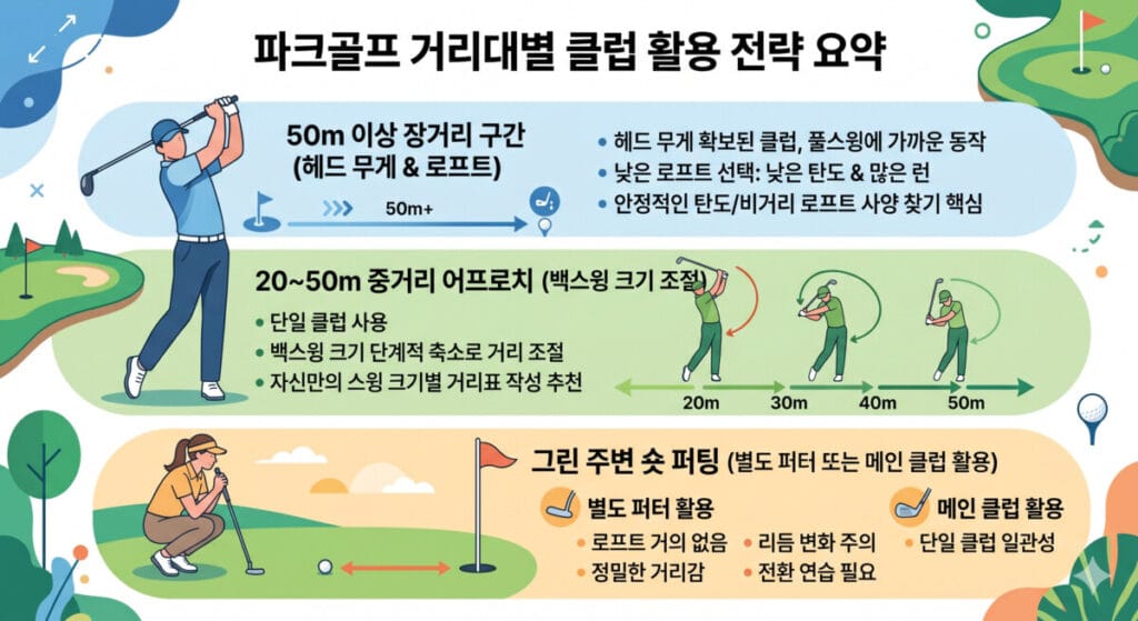 이 이미지는 '파크골프 거리대별 클럽 활용 전략 요약'이라는 제목의 인포그래픽으로, 파크골프에서 거리에 따라 파크골프채를 어떻게 운용해야 하는지 세 단계(장거리, 중거리, 숏 퍼팅)로 나누어 설명하고 있습니다. 화사한 파스텔톤의 하늘색, 연두색, 주황색 배경이 위에서 아래로 세 영역을 나누며, 각 영역마다 관련 일러스트와 핵심 요약 텍스트가 배치되어 있습니다.