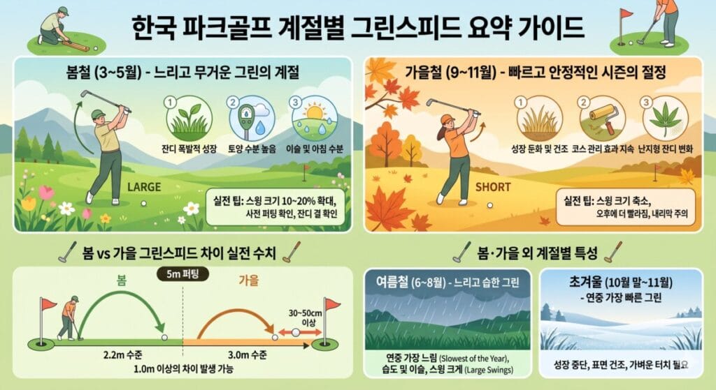 "한국 파크골프 계절별 그린스피드 요약 가이드"라는 제목의 인포그래픽 이미지입니다. 크게 봄철, 가을철, 봄vs가을 차이, 기타 계절 등 4개의 구역으로 나누어 정보를 전달하고 있습니다.봄철 (3~5월): 느리고 무거운 그린의 계절로 잔디의 폭발적 성장, 높은 토양 수분, 이슬 및 아침 수분을 원인으로 꼽습니다. 실전 팁으로 스윙 크기를 10~20% 확대하고 사전 퍼팅 및 잔디 결을 확인할 것을 권장하며, 한 남성 플레이어가 크게 백스윙(LARGE)을 하는 일러스트가 그려져 있습니다.가을철 (9~11월): 빠르고 안정적인 시즌의 절정으로 성장 둔화 및 건조, 코스 관리 효과 지속, 난지형 잔디 변화를 원인으로 꼽습니다. 실전 팁으로 스윙 크기 축소(SHORT), 오후 시간대 스피드 증가 및 내리막 주의를 권장하며, 한 여성 플레이어가 간결한 스윙을 하는 일러스트가 그려져 있습니다.봄 vs 가을 그린스피드 차이 실전 수치: 5m 퍼팅 시 봄철(2.2m 수준)보다 가을철(3.0m 수준)에 공이 30~50cm 이상 더 굴러간다는 점을 두 개의 화살표 곡선과 골퍼 일러스트로 시각화하여 비교하고 있습니다.봄·가을 외 계절별 특성: 여름철(6~8월)은 연중 가장 느리고 습도가 높아 스윙 크기를 크게 해야 하며, 초겨울(10월 말~11월)은 성장이 중단되고 표면이 건조해 연중 가장 빠르므로 가벼운 터치가 필요하다는 내용을 비 내리는 배경과 눈 덮인 배경 일러스트와 함께 설명하고 있습니다.
