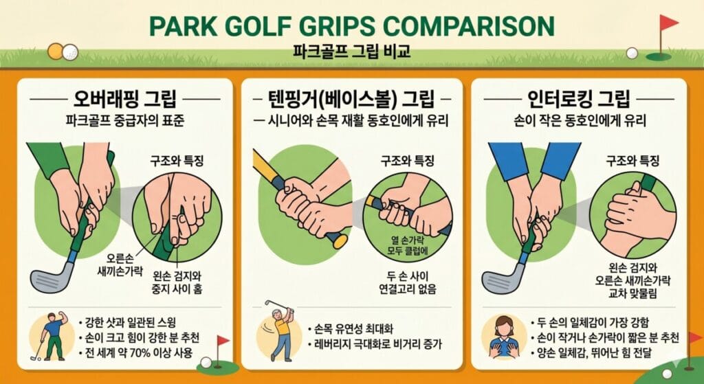 파크골프의 세 가지 주요 그립 방법을 비교 분석한 세로 3단 구성의 인포그래픽 이미지입니다. 상단에는 'PARK GOLF GRIPS COMPARISON' 및 '파크골프 그립 비교'라는 타이틀이 적혀 있으며, 왼쪽부터 오버래핑 그립, 텐핑거 그립, 인터로킹 그립을 일러스트와 함께 설명하고 있습니다.오버래핑 그립 (파크골프 중급자의 표준)구조와 특징 일러스트: 오른손 새끼손가락을 왼손 검지와 중지 사이 홈에 얹어 쥐고 있는 양손과 클럽의 모습이 원형 돋보기 모양으로 확대되어 있습니다.하단 요약: 근육질 남성의 아이콘과 함께 '강한 샷과 일관된 스윙', '손이 크고 힘이 강한 분 추천', '전 세계 약 70% 이상 사용'이라는 특징이 불릿 포인트로 정리되어 있습니다.텐핑거(베이스볼) 그립 (시니어와 손목 재활 동호인에게 유리)구조와 특징 일러스트: 야구 배트를 잡듯 열 손가락 모두를 클럽에 올리고, 두 손 사이에 연결고리 없이 감싸 쥔 모습이 확대되어 있습니다.하단 요약: 골프 스윙을 하는 시니어 남성의 아이콘과 함께 '손목 유연성 최대화', '레버리지 극대화로 비거리 증가'라는 특징이 불릿 포인트로 정리되어 있습니다.인터로킹 그립 (손이 작은 동호인에게 유리)구조와 특징 일러스트: 왼손 검지와 오른손 새끼손가락을 서로 교차하여 단단하게 맞물려 쥔 모습이 확대되어 있습니다.하단 요약: 손을 모으고 있는 여성의 아이콘과 함께 '두 손의 일체감이 가장 강함', '손이 작거나 손가락이 짧은 분 추천', '양손 일체감, 뛰어난 힘 전달'이라는 특징이 불릿 포인트로 정리되어 있습니다.전체적인 배경은 밝은 베이지 톤이며, 상단과 하단에는 잔디, 골프공, 깃발 등의 파크골프장 요소가 초록색과 주황색 테두리로 깔끔하게 시각화되어 있습니다.