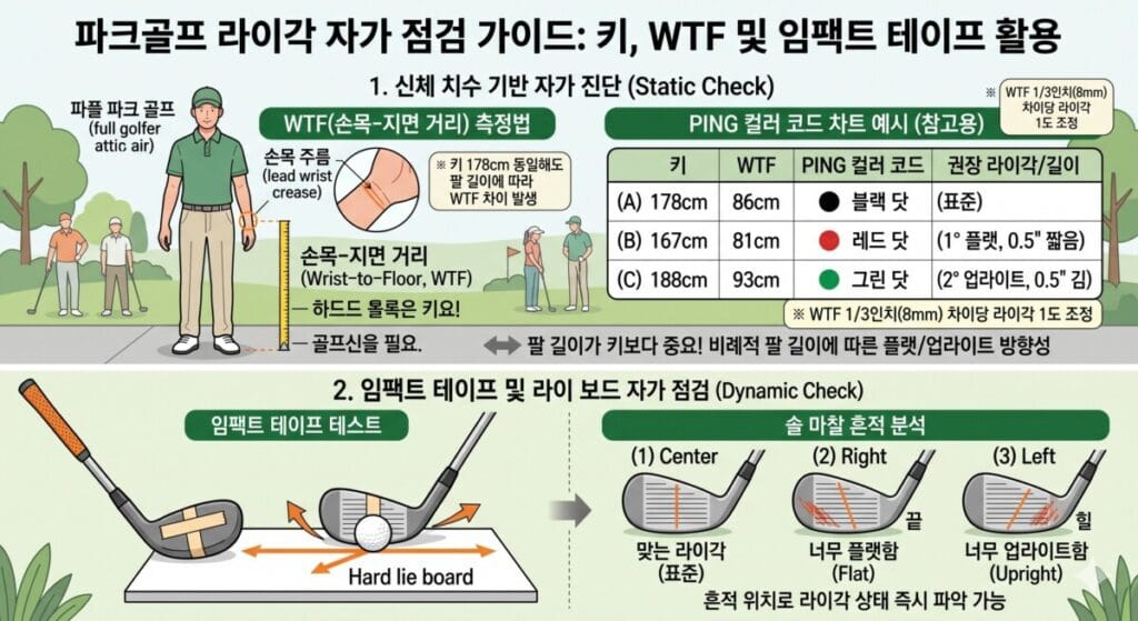 파크골프 라이각 자가 점검 가이드 인포그래픽. 상단에는 신체 치수 기반 점검법으로 '손목-지면 거리(WTF)' 측정 방법과 PING 컬러 코드 차트 예시(블랙, 레드, 그린 닷에 따른 표준, 플랫, 업라이트 라이각 및 길이 추천)를 표로 설명합니다. 하단에는 '임팩트 테이프 테스트'로 라이 보드 위에서 공을 친 후, 솔의 마찰 흔적 위치(Center, Right-토, Left-힐)에 따른 라이각 상태 분석 방법을 다이어그램으로 보여줍니다.