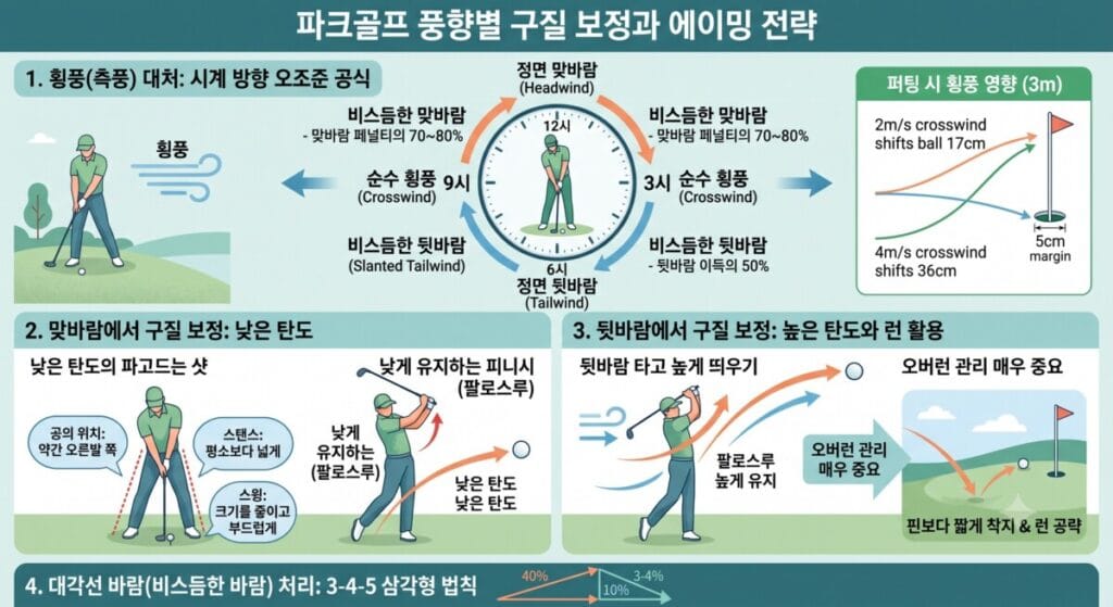 파크골프 바람 풍향별 구질 보정과 에이밍 전략을 정리한 인포그래픽 일러스트.1. 횡풍 대처: 시계 중심으로 바람 방향을 시각화하여 12시 맞바람, 6시 뒷바람, 3·9시 횡풍에 따른 보정 비율과 3m 퍼팅 시 초속별(2m/s는 17cm, 4m/s는 36cm) 공의 편차를 보여줌.
2. 맞바람 대처: 공을 오른발 쪽에 두고 스탠스를 넓힌 뒤 낮게 팔로스루하는 낮은 탄도의 펀치샷 자세 설명.
3. 뒷바람 대처: 높은 팔로스루로 공을 높게 띄우고, 그린 공략 시 핀보다 짧게 떨어뜨려 런을 활용하는 전략 설명.
4. 대각선 바람 처리: 3-4-5 삼각형 법칙을 이용한 바람 성분 분할 개념도 포함.