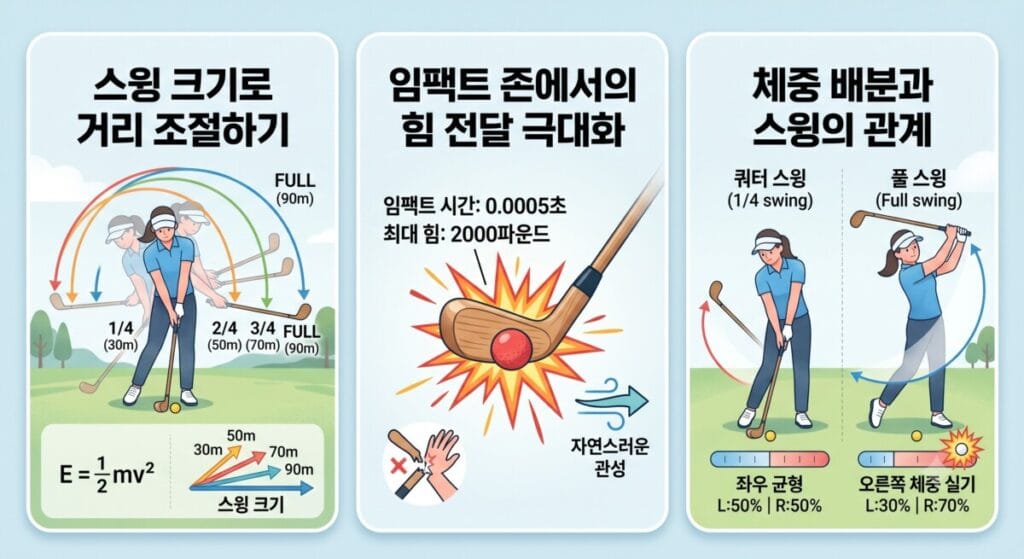 한눈에 보는 파크골프 스윙 매뉴얼 파크골프의 스윙 크기별 거리 조절 원리, 임팩트 순간의 물리적 힘 전달, 그리고 스윙별 체중 배분 방법을 세 칸의 카드 뉴스 형태로 알기 쉽게 정리한 인포그래픽 일러스트.