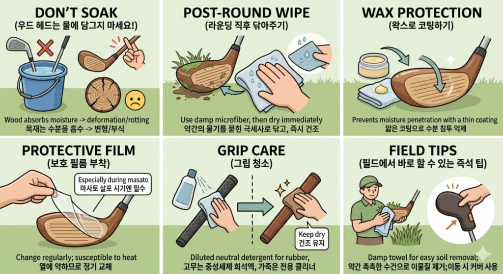 파크골프 클럽 관리 방법을 설명하는 6분할 인포그래픽 이미지입니다.물에 담그지 마세요: 물에 담긴 일반 골프채(X 표시)와 물을 피하는 우드 헤드를 대조합니다.라운딩 직후 닦아주기: 이물질이 묻은 헤드를 물기가 약간 있는 수건으로 닦아냅니다.왁스로 코팅하기: 우드 헤드에 왁스를 발라 얇게 코팅합니다.보호 필름 부착: 우드 헤드 페이스에 투명 보호 필름을 붙입니다.그립 청소: 고무 그립은 스프레이로, 가죽 그립은 전용 클리너로 닦아냅니다.필드 팁: 라운딩 중 물기를 머금은 수건으로 닦고 헤드 커버를 씌우는 모습을 보여줍니다.