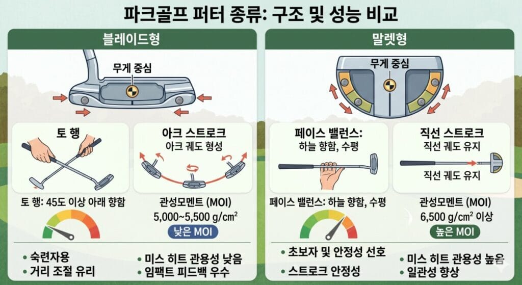파크골프 퍼터 종류인 블레이드형과 말렛형의 특징을 비교한 인포그래픽 이미지입니다. 상단에는 '파크골프 퍼터 종류: 구조 및 성능 비교'라는 제목이 있습니다. 이미지는 왼쪽의 '블레이드형'과 오른쪽의 '말렛형' 두 섹션으로 나뉩니다.'블레이드형' 섹션에는 일자형 퍼터 헤드 이미지와 함께 무게 중심, 45도 아래를 향하는 토 행, 아크 궤도 스트로크, 낮은 관성모멘트(MOI) 그래프, 그리고 '숙련자용', '거리 조절 유리', '미스 히트 관용성 낮음', '임팩트 피드백 우수'라는 특징이 나열되어 있습니다.'말렛형' 섹션에는 반달형 퍼터 헤드 이미지와 함께 무게 중심, 하늘을 향하는 페이스 밸런스, 직선 궤도 스트로크, 높은 관성모멘트(MOI) 그래프, 그리고 '초보자 및 안정성 선호', '스트로크 안정성', '미스 히트 관용성 높음', '일관성 향상'이라는 특징이 나열되어 있습니다.