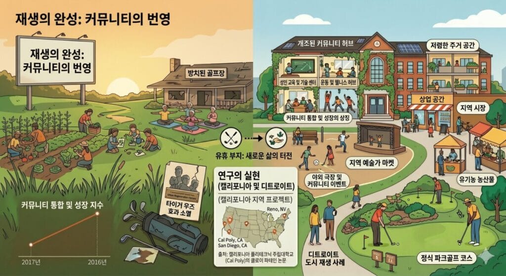미국 골프장 폐장 위기와 유휴 부지의 성공적인 도시 재생 사례를 비교하여 보여주는 인포그래픽 일러스트. 왼쪽은 쇠퇴했던 공간이 공동체 농장과 요가 공간으로 변화하는 과정을, 오른쪽은 폐교가 개조된 커뮤니티 허브, 상업 공간, 정식 파크골프 코스로 재탄생해 활기를 띤 모습을 담고 있습니다.