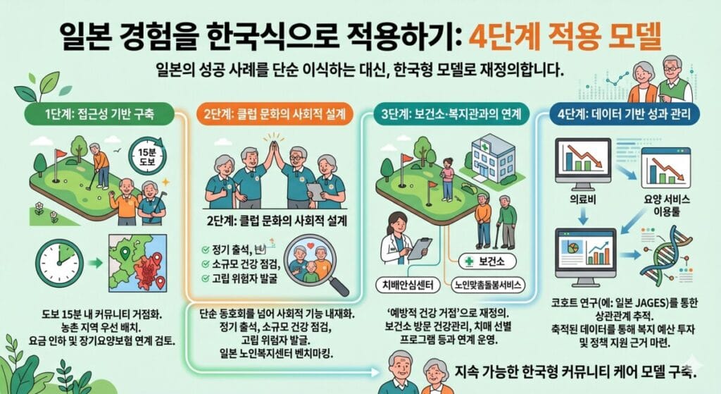 이 인포그래픽은 일본의 파크골프 및 노인 복지 사례를 한국식 커뮤니티 케어로 전환하기 위한 4단계 접근 전략을 왼쪽에서 오른쪽으로 흐르는 타임라인 형태로 설명하고 있습니다. 각 단계는 일러스트와 핵심 요약 텍스트로 구성되어 있습니다.
