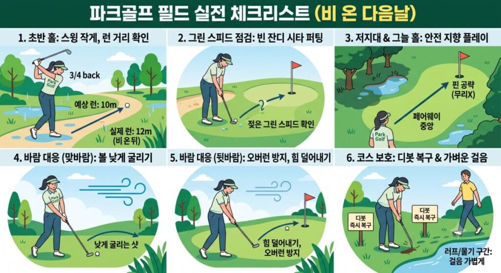 비 온 다음날 파크골프 실전 체크리스트를 요약한 일러스트. '파크골프 필드 실전 체크리스트 (비 온 다음날)'라는 제목 아래, 비 온 뒤 라운딩 시 유의해야 할 6가지 실전 수칙을 일러스트와 텍스트로 정리한 인포그래픽 이미지입니다. 화면은 가로 3개, 세로 2개씩 총 6개의 칸으로 나누어져 있습니다.1. 초반 홀: 스윙 작게, 런 거리 확인한 여성 골퍼가 물웅덩이가 있는 잔디에서 3/4 크기로 백스윙을 하고 있습니다. 공이 굴러가는 궤적에 '예상 런: 10m', '실제 런: 12m (비 온 뒤)'라는 문구와 화살표가 표시되어 있습니다.2. 그린 스피드 점검: 빈 잔디 시타 퍼팅여성 골퍼가 깃대가 꽂힌 그린 옆 빈 잔디에서 퍼팅 연습을 하고 있으며, 바닥에는 '젖은 그린 스피드 확인'이라는 문구가 적혀 있습니다.3. 저지대 & 그늘 홀: 안전 지향 플레이물웅덩이와 나무가 있는 저지대 코스 그림입니다. 핀을 무리하게 공략하는 대신 '페어웨이 중앙'을 향해 안전하게 공을 보내도록 화살표로 경로가 표시되어 있습니다.4. 바람 대응 (맞바람): 볼 낮게 굴리기오른쪽에서 왼쪽으로 강한 맞바람이 부는 상황입니다. 여성 골퍼가 공을 띄우지 않고 낮게 굴려 치는 모습이 묘사되어 있습니다.5. 바람 대응 (뒷바람): 오버런 방지, 힘 덜어내기왼쪽에서 오른쪽으로 뒷바람이 부는 상황입니다. 골퍼가 과도하게 멀리 굴러가는 것을 막기 위해 힘을 빼고 샷을 하는 모습과 깃대가 그려져 있습니다.6. 코스 보호: 디봇 복구 & 가벼운 걸음왼쪽에는 골퍼가 파인 잔디(디봇)를 채를 이용해 즉시 복구하는 모습이, 오른쪽에는 한 남성 골퍼가 물기가 많은 러프 구간에서 보폭을 가볍게 하며 걸어가는 모습이 그려져 있습니다. 바닥에는 '디봇 즉시 복구', '러프/물기 구간: 걸음 가볍게'라는 안내판이 세워져 있습니다.