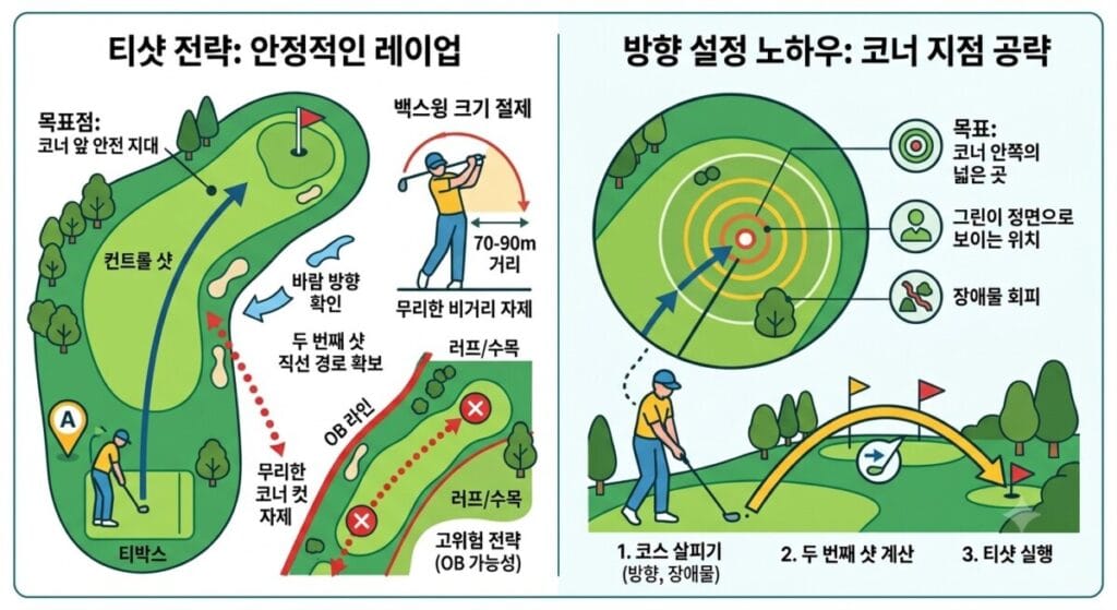 파크골프 도그렉 홀 티샷 전략과 방향 설정 노하우를 설명하는 인포그래픽. 좌측에는 안정적인 레이업을 위한 컨트롤 샷 경로와 무리한 코너 컷 자제(OB 위험)에 대한 코스 지도가 있고, 우측에는 코너 지점을 공략하는 방향 설정 노하우와 코스 살피기, 두 번째 샷 계산, 티샷 실행의 3단계 과정이 일러스트와 함께 설명되어 있습니다.