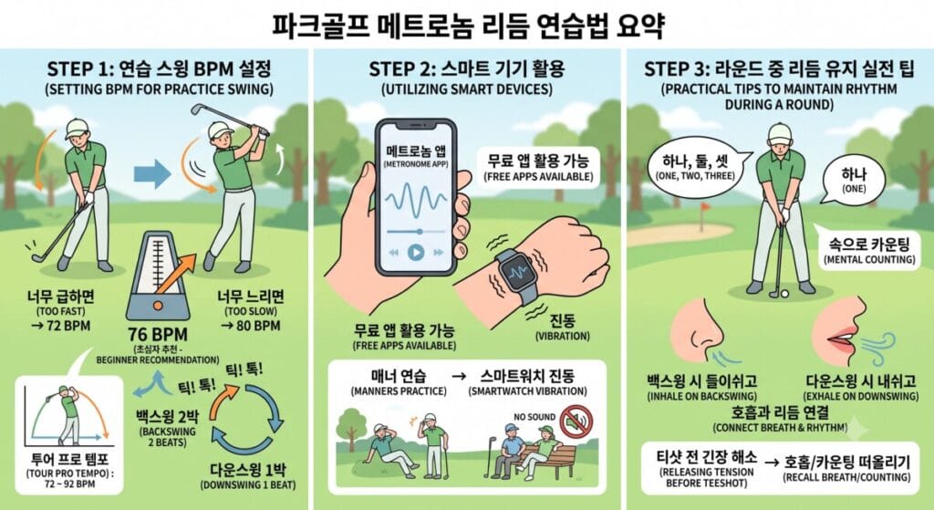 파크골프 스윙 템포 메트로놈 리듬 연습법 3단계(BPM 설정, 스마트워치 진동 활용, 실전 카운팅 및 호흡법)를 소개하는 가독성 좋은 인포그래픽 일러스트 가이드.