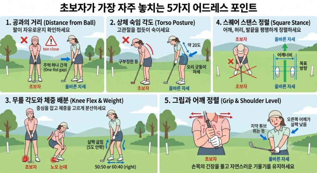 초보 파크골프 연주자를 위한 5가지 주요 어드레스 자세 포인트와 흔한 실수를 보여주는 인포그래픽 이미지입니다. 이 이미지는 5개의 패널로 구성되어 있습니다:패널 1: '공과의 거리'를 설명하며, 팔이 구부러져 공에 너무 가까운 '초보자' 자세와 주먹 하나 간격을 유지하는 '올바른 자세'를 비교합니다.
패널 2: '상체 숙임 각도'를 설명하며, 등이 굽은 '초보자' 자세와 고관절을 접어 20도 각도로 숙인 '올바른 자세'를 비교합니다.
패널 3: '무릎 각도와 체중 배분'을 설명하며, 다리가 뻣뻣하거나 너무 구부린 '초보자' 자세와 무릎을 5도 안팎으로 살짝 굽히고 체중을 고르게 분산한 '올바른 자세'를 비교합니다.
패널 4: '스퀘어 스탠스 정렬'을 설명하며, 발끝이 어긋난 '초보자'의 모습과 어깨, 허리, 발끝을 목표 방향과 평행하게 정렬한 '올바른 자세'의 탑다운 뷰를 비교합니다.
패널 5: '그립과 어깨 정렬'을 설명하며, 긴장된 손목과 수평한 어깨의 '초보자' 모습과 자연스러운 그립 압력 및 살짝 낮은 오른쪽 어깨의 '올바른 자세'를 보여줍니다.각 패널은 파크골프 경기장에서 두 여성 골퍼의 시각적 비교와 명확한 한국어 라벨, 지침을 포함하고 있어, 올바른 어드레스 동작을 한눈에 이해할 수 있도록 구성되어 있습니다.